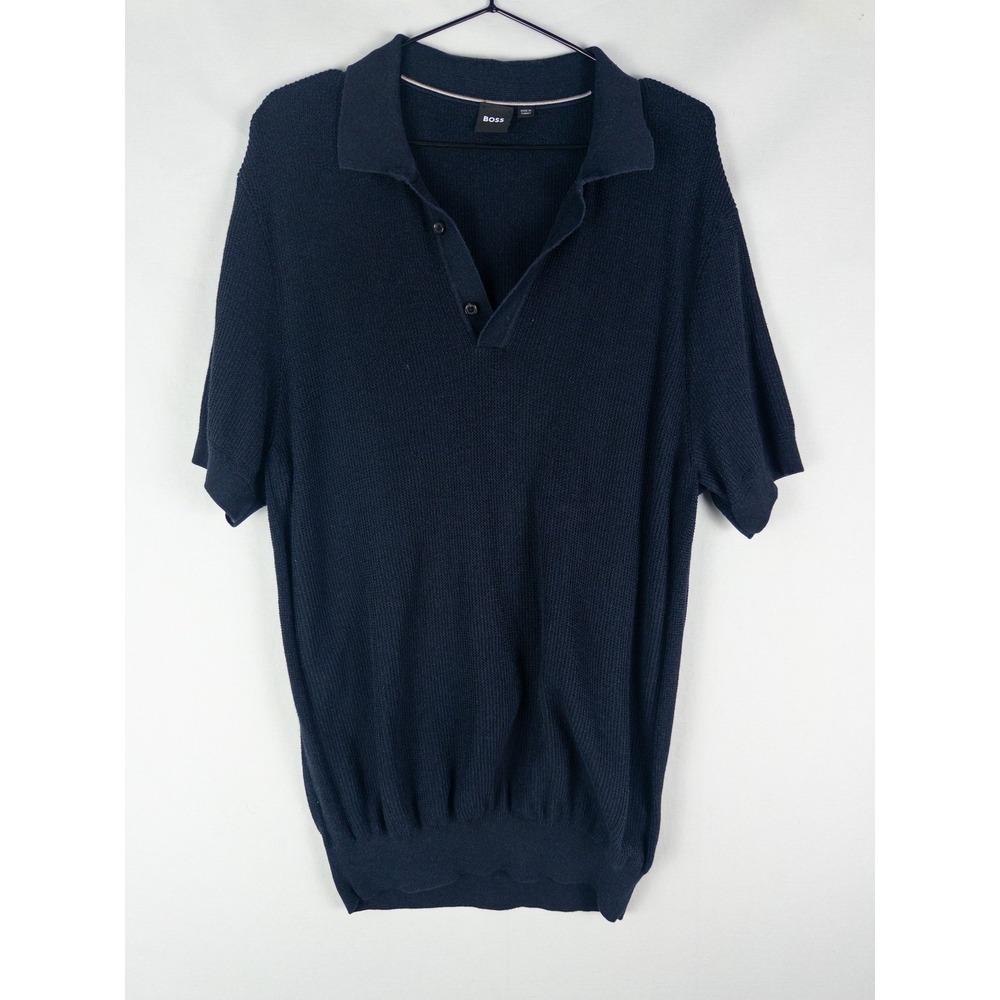 BOSS Hugo Boss Knit Polo Sweater Mens L Navy Blue Short Sleeve Quiet Luxury Prep
